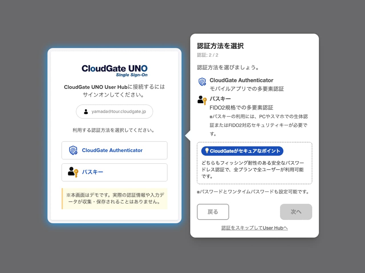 CloudGate UNOのパスキー(FIDO2)認証フローを再現した体験画面