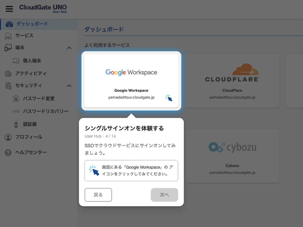 CloudGate UNOのシングルサインオン(SSO)を利用したサービスへのアクセス画面
